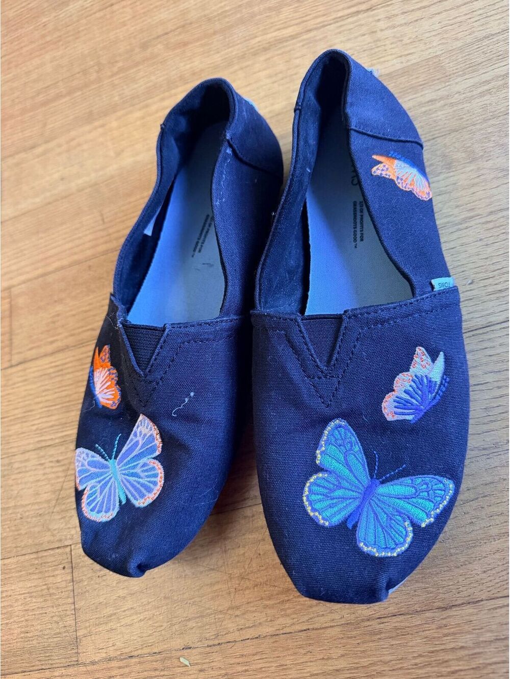 TOMS Butterfly Embroidered Canvas Slip On Alpargata Shoes Womens Size 7.5 Black